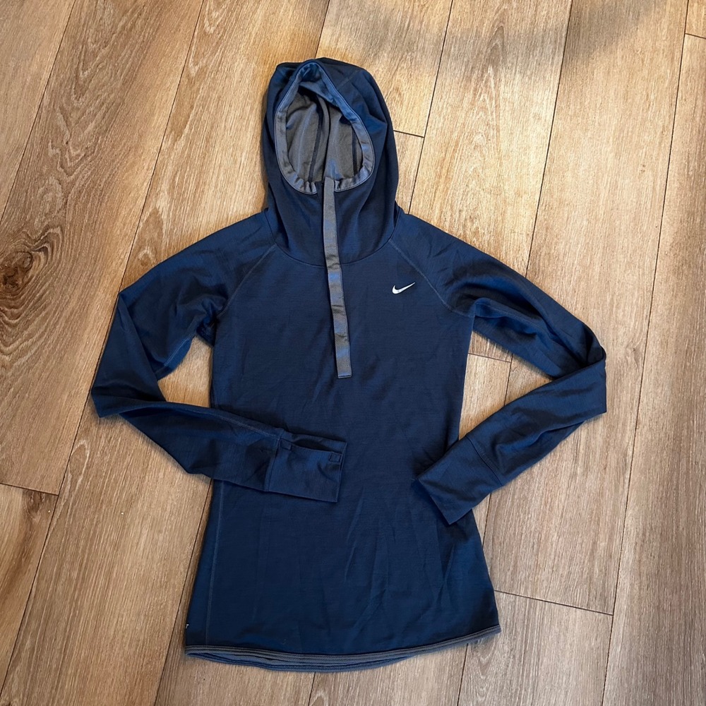 Nike Running Dri-FIT Hoodie Long Sleeve Snap Neck Thumbhole Navy Blue Womens S